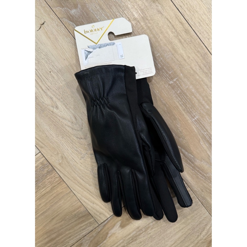 Isotoner Womens Black smartTouch Touchscreen Leather Spandex Gloves SM New - Picture 3 of 5